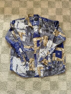 Abstract Pattern Button-Up Shirt in Blue, Gray & Tan